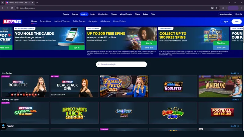 Bet Fred Casino mobile app interface